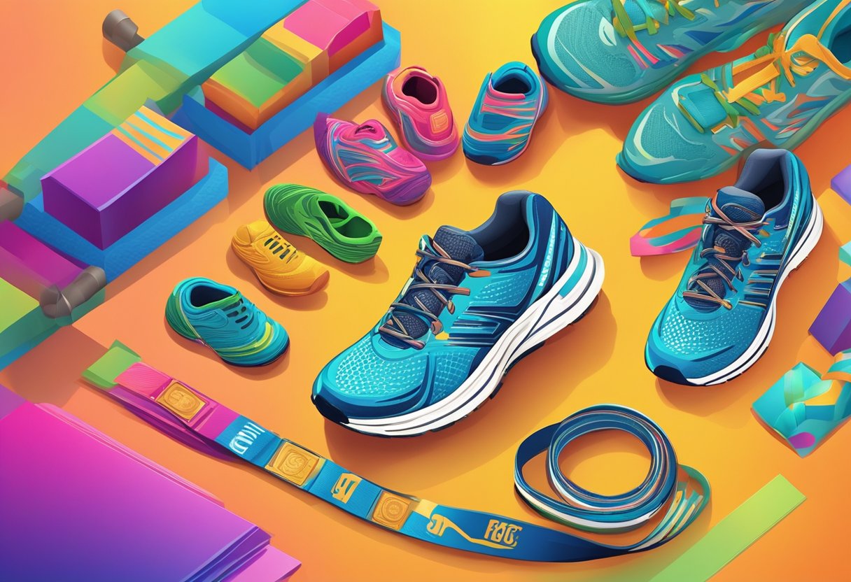 A colorful medal surrounded by running shoes and a virtual race bib on a vibrant background