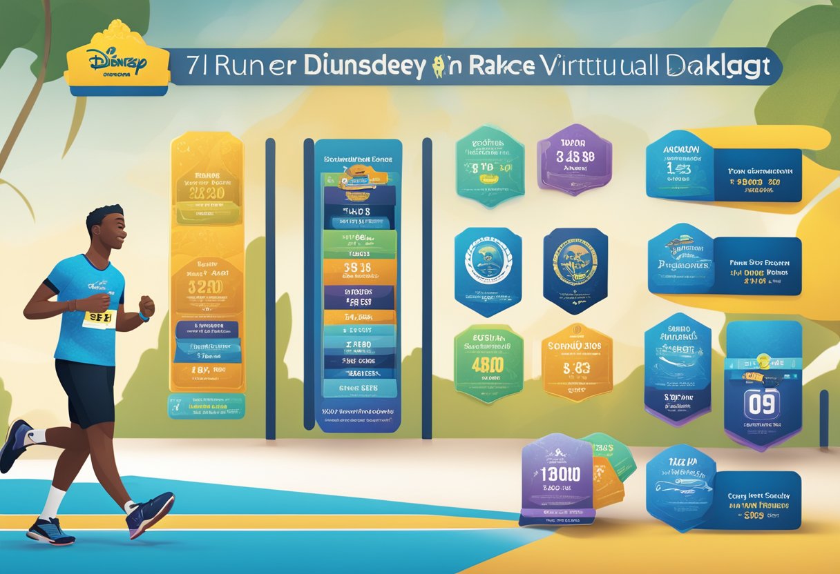 A runner examines a runDisney virtual race package, comparing cost and benefits. Virtual medals and swag are displayed alongside registration fees