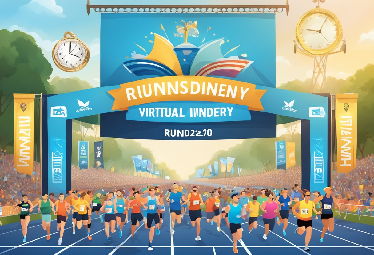 A finish line with a runDisney Virtual Race medal hanging from a banner, surrounded by cheering spectators and a clock displaying the race time