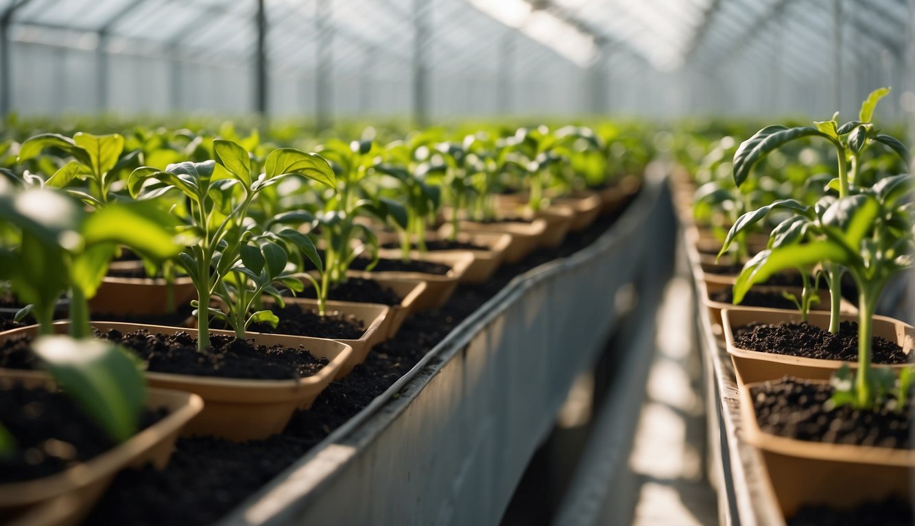 Pepper plants thrive in a well-maintained greenhouse. Drip irrigation system supplies water to the soil, while mulch helps retain moisture. Aeration and drainage ensure healthy root development
