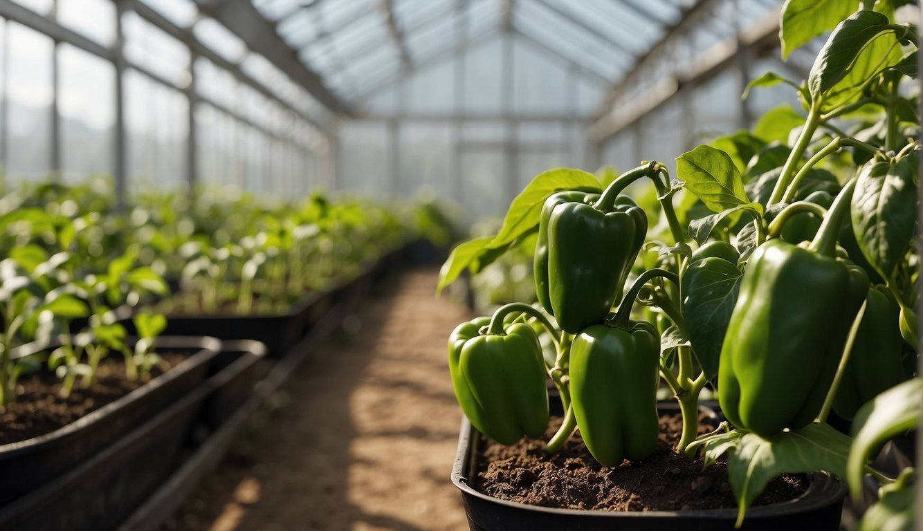 Lush green pepper plants thrive inside a spacious greenhouse, basking in the warm sunlight while receiving a steady flow of nutrient-rich feeding