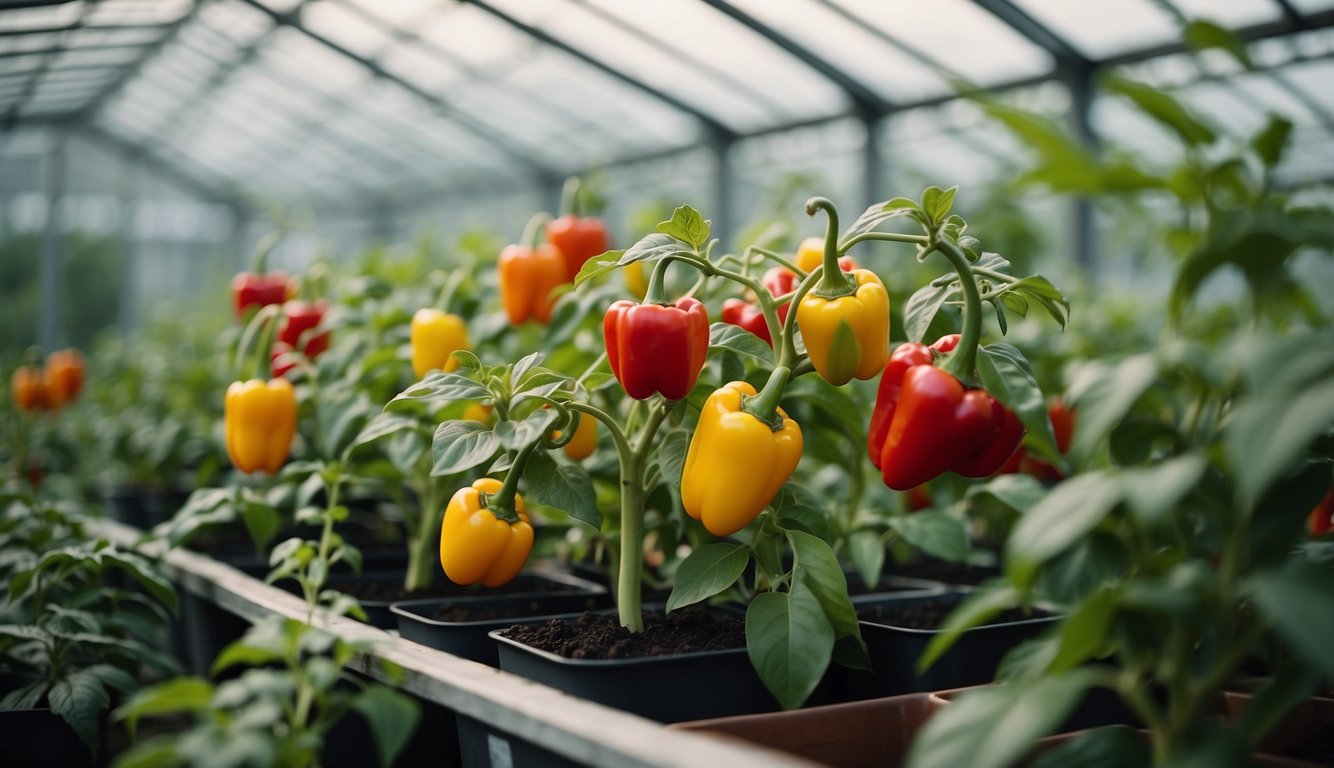 Peppers growing in various pots and containers inside a greenhouse