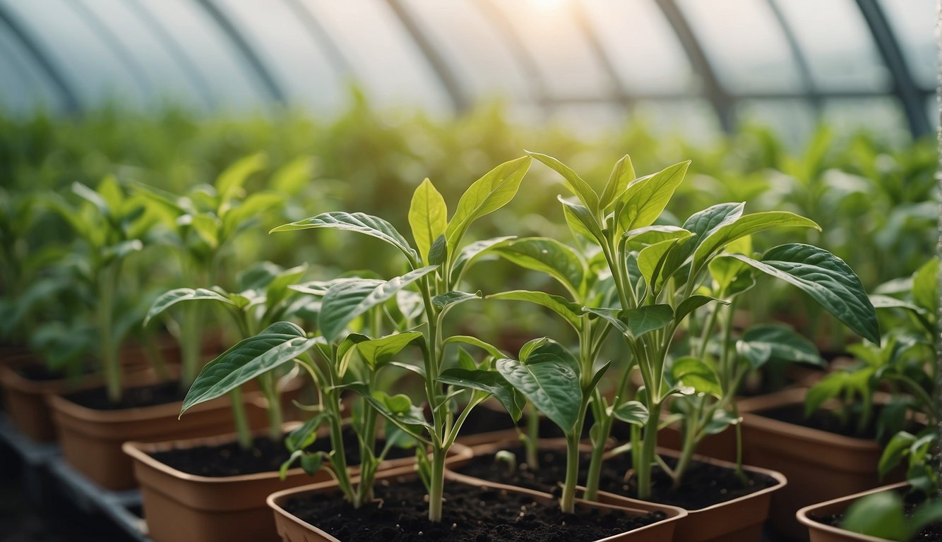 Pepper plants in a greenhouse, surrounded by pest control measures and disease prevention tools