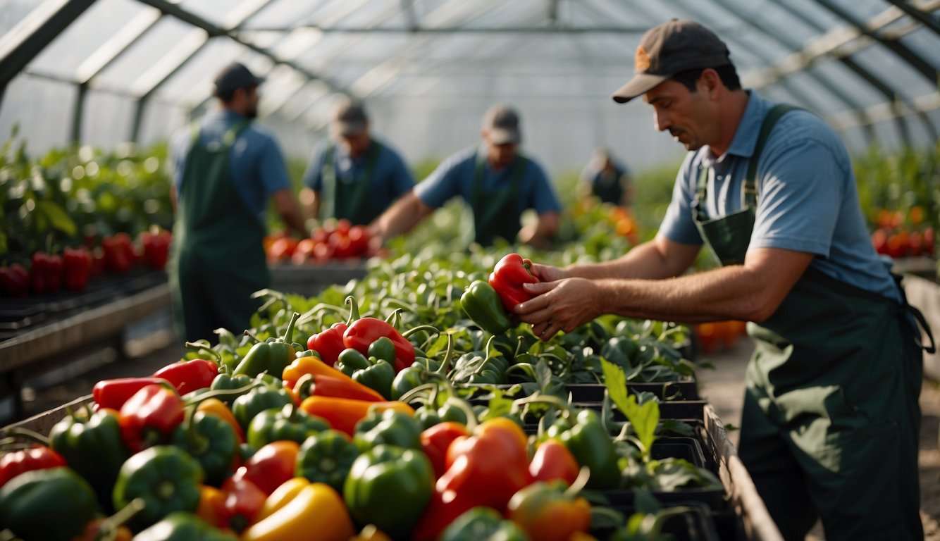 Peppers being harvested, workers sorting and packing in a greenhouse