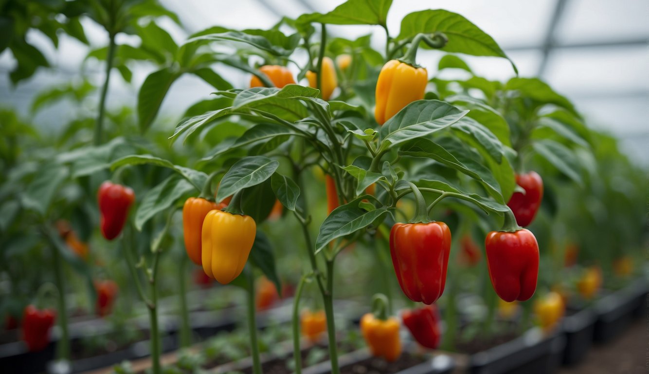 Pepper plants thrive in a greenhouse, surrounded by rotating crops and companion plants. The vibrant green leaves and colorful peppers create a visually appealing scene for an illustrator to recreate