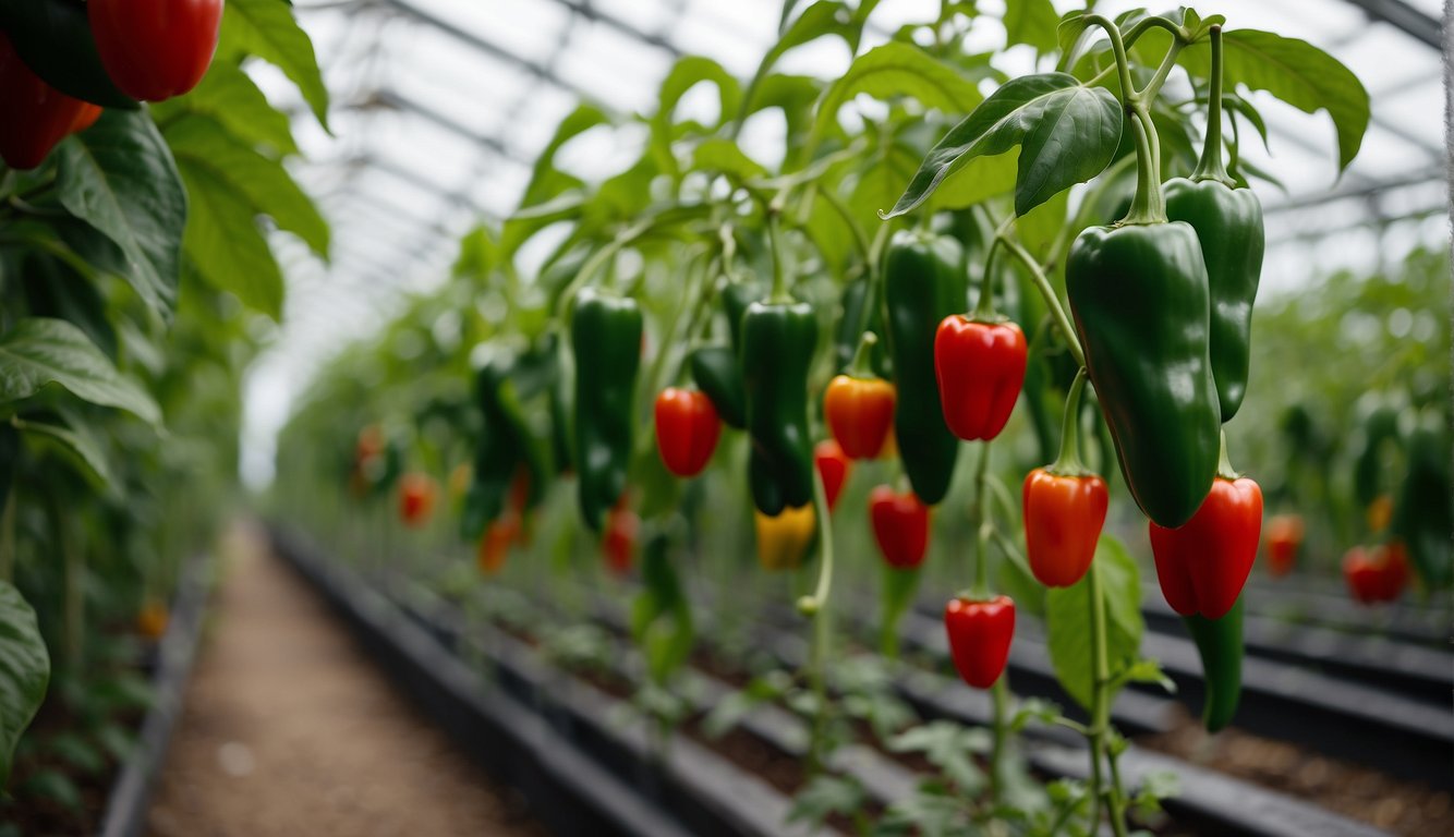 Lush green pepper plants thrive in a spacious greenhouse, their vibrant red and green fruits dangling from the branches