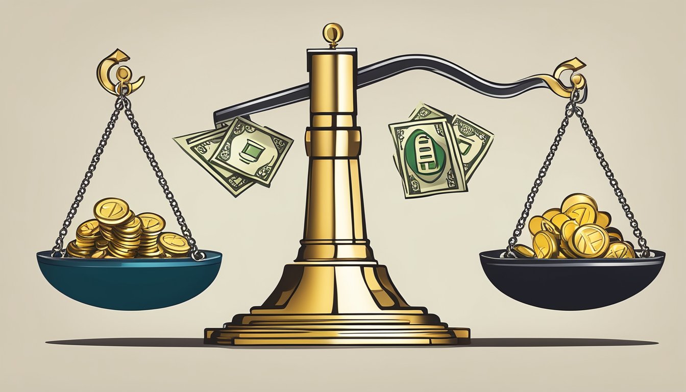 A scale tipping in favor of wealth, surrounded by symbols of success and prosperity