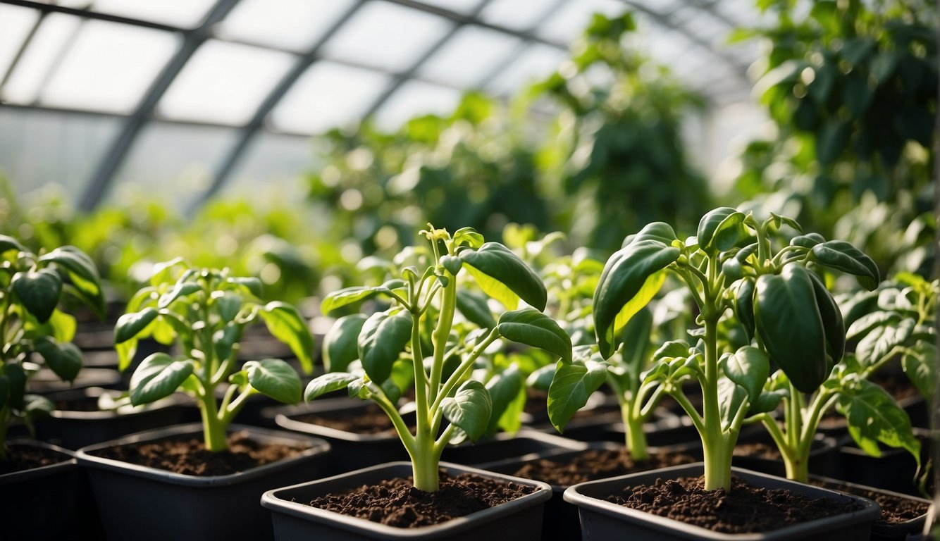 Lush green pepper plants thrive in a sunlit greenhouse, surrounded by pots of rich soil and delicate watering cans