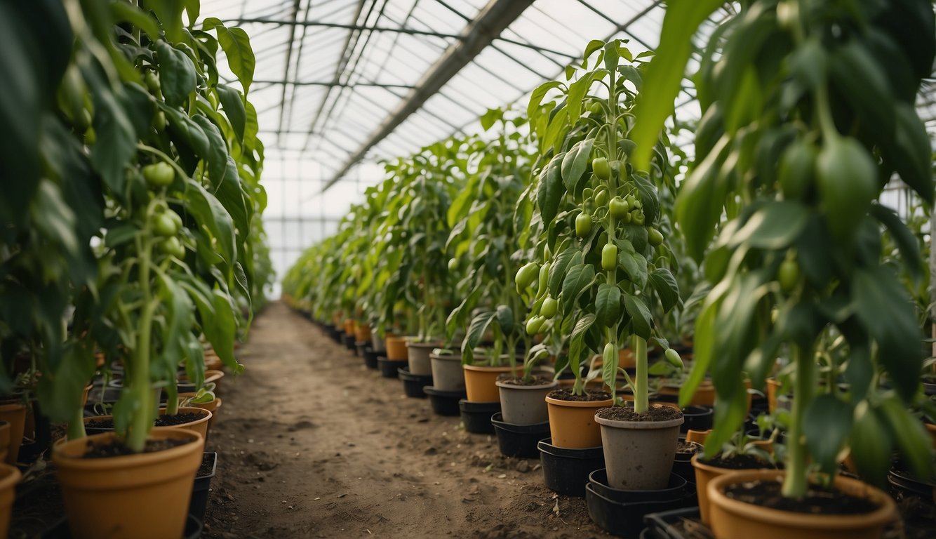 Lush green pepper plants thriving inside a spacious greenhouse, with rows of vibrant, ripening peppers and signs indicating "Frequently Asked Questions" about their care