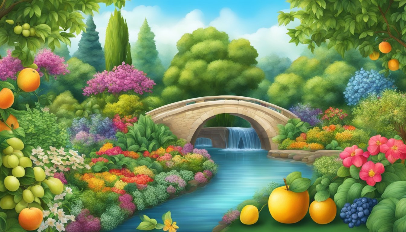 A vibrant, flourishing garden with abundant fruits, flowers, and flowing water, symbolizing prosperity and abundance