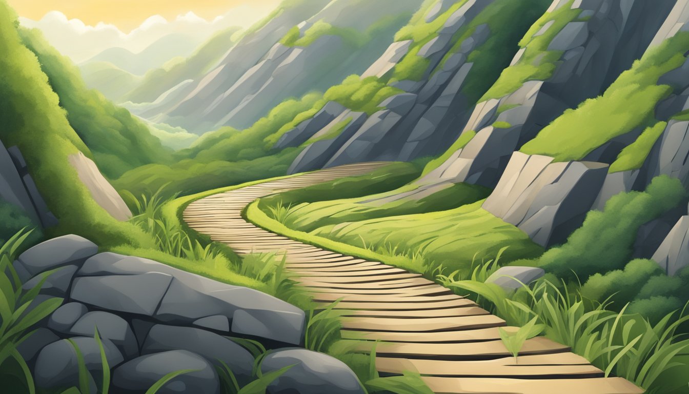 A winding path with obstacles symbolizing life's challenges and growth