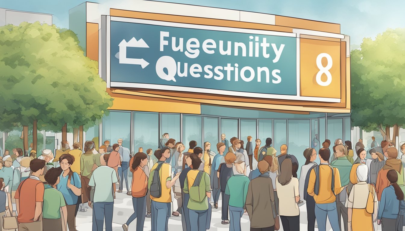 A large sign with "Frequently Asked Questions 878 Bedeutung" displayed prominently, surrounded by people seeking information