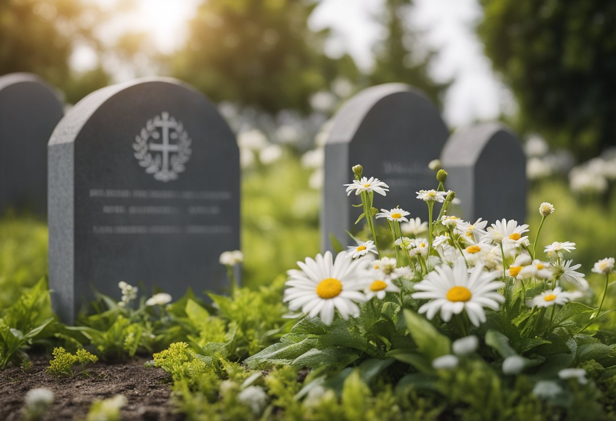 A simple grave site with a plain headstone and a few flowers, set against a peaceful backdrop