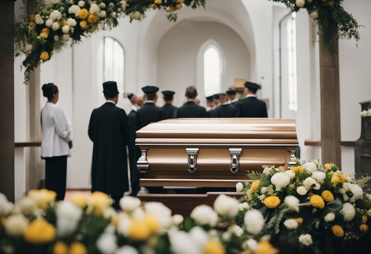 A simple funeral scene with a plain casket, flowers, and a small crowd