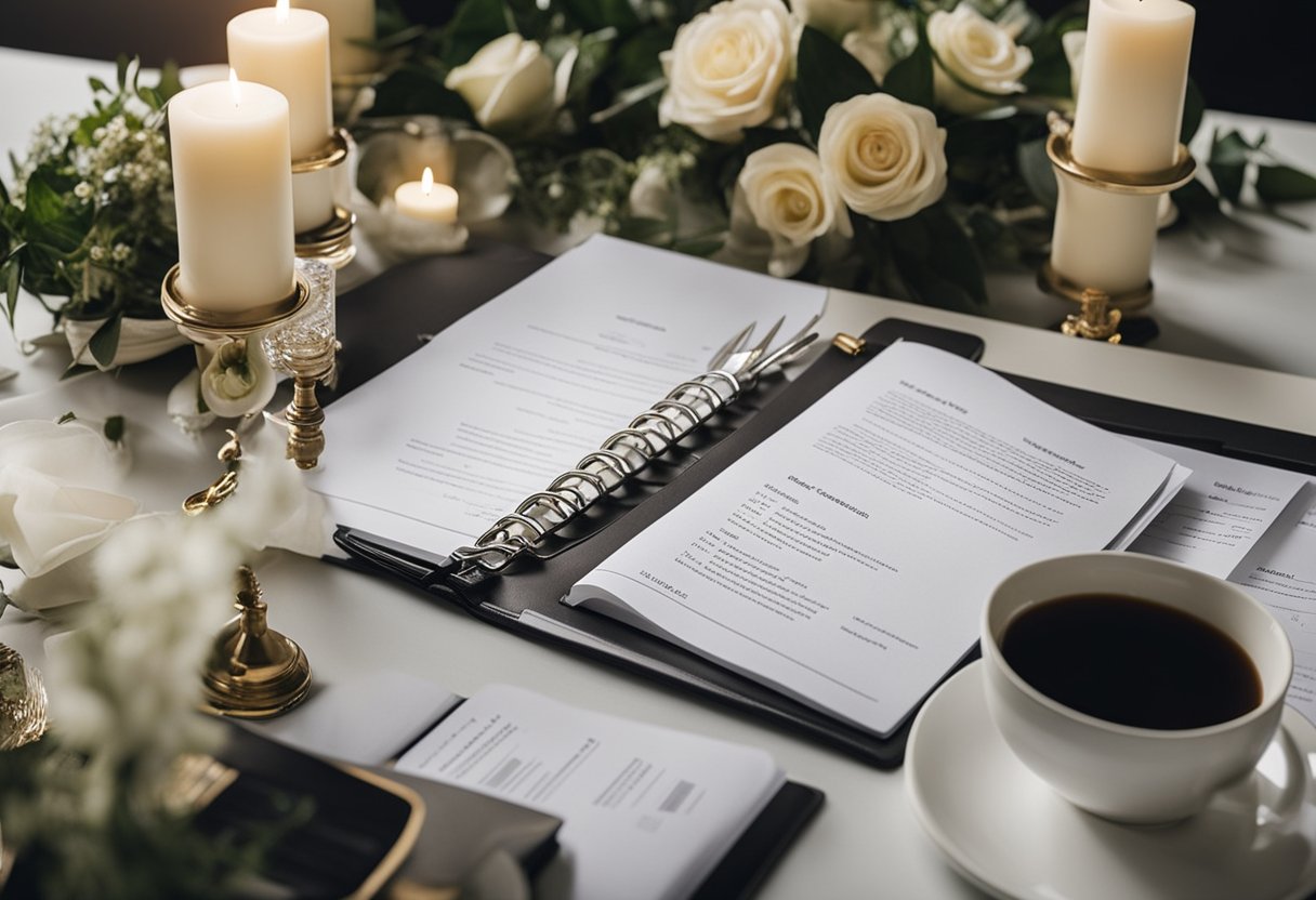 A table with funeral planning materials, including cost breakdowns and options for the cheapest burial