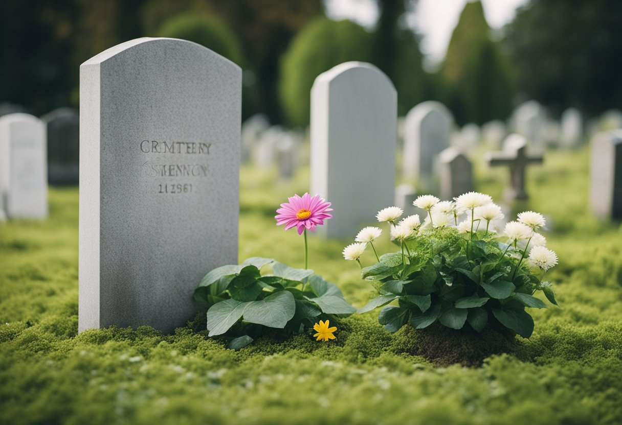 A simple cemetery with a gravestone and a single flower, surrounded by a peaceful and serene atmosphere