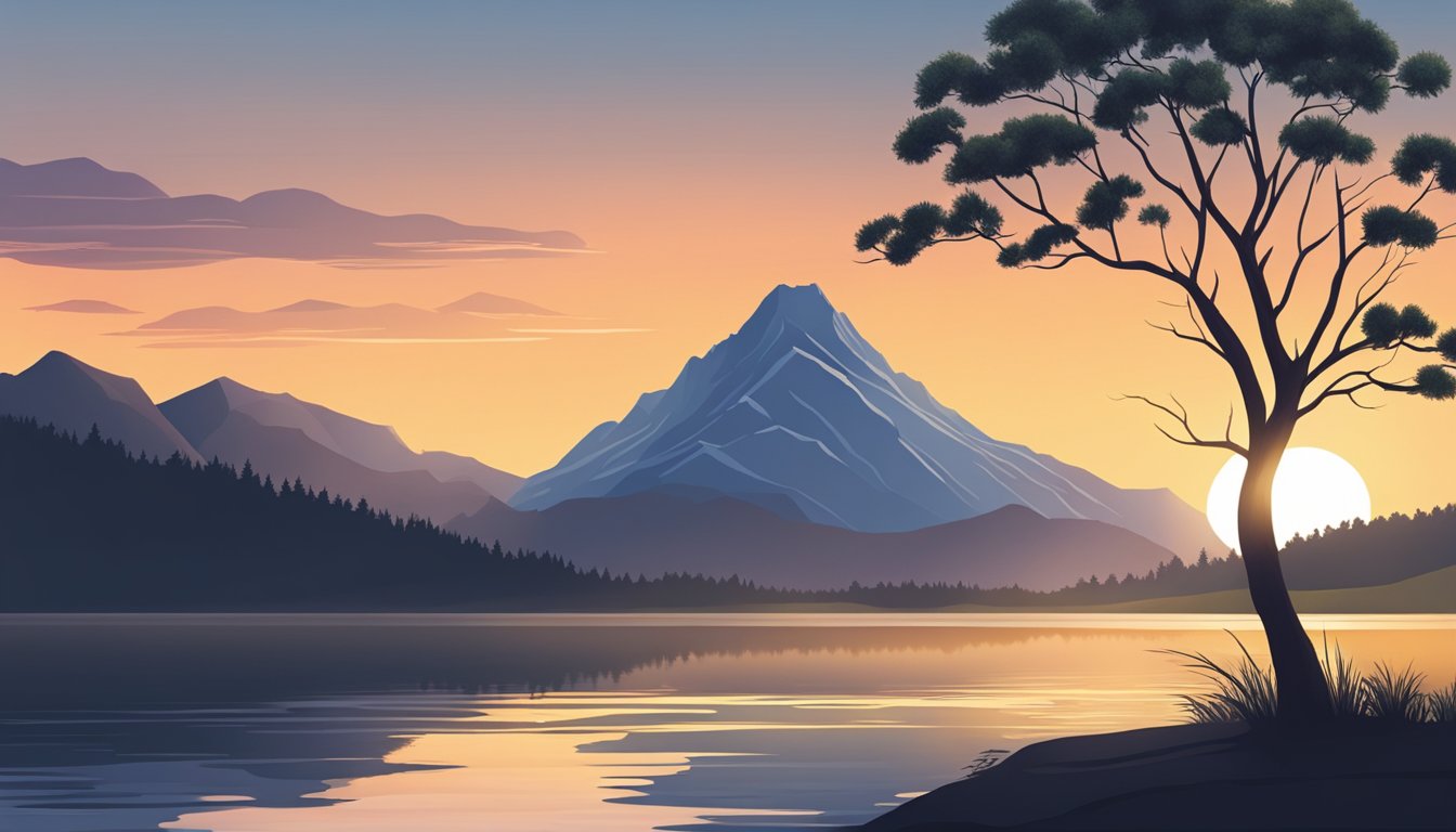 A sun setting behind a mountain, casting long shadows over a serene lake.</p><p>A lone tree stands tall, its branches reaching towards the sky