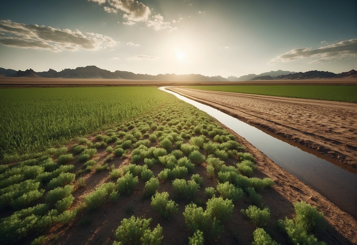 A lush green field transitions into barren desert, symbolizing the feast and famine cycle. A river flows through, representing recurring revenue breaking free from the cycle