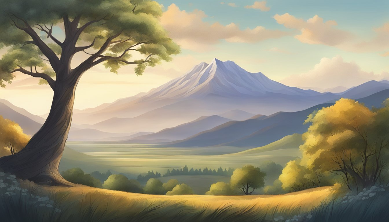 A serene landscape with a tree in the foreground and a mountain range in the distance, symbolizing the various aspects and deep significance of life