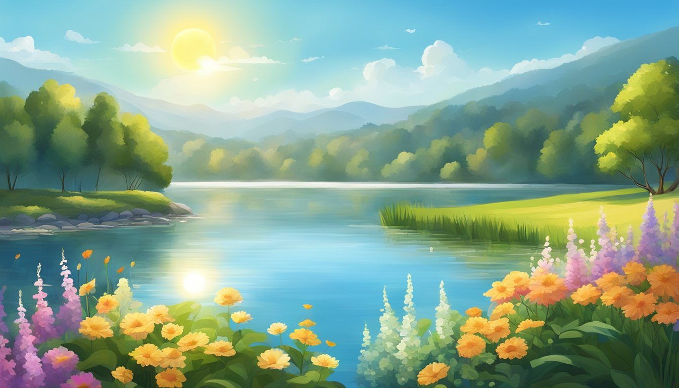A serene landscape with a tranquil lake, surrounded by lush greenery and colorful flowers, with a bright sun shining in the clear blue sky