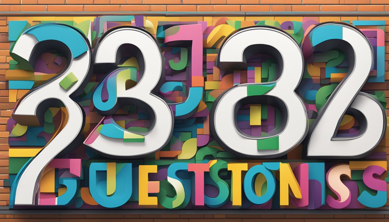 A large sign with "Frequently Asked Questions 928 Bedeutung" displayed prominently in bold letters