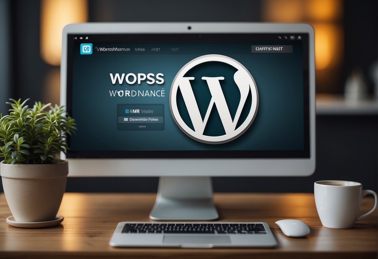 A computer screen displaying a WordPress website with a "White Label WordPress Maintenance" logo. A satisfied client testimonial and positive reviews visible
