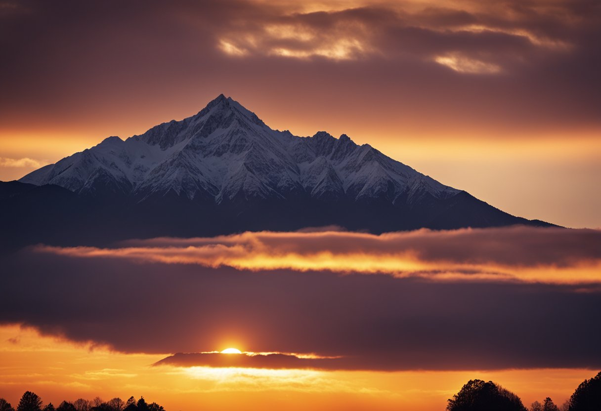 The sun is setting behind the silhouette of a mountain, casting a warm orange glow across the sky