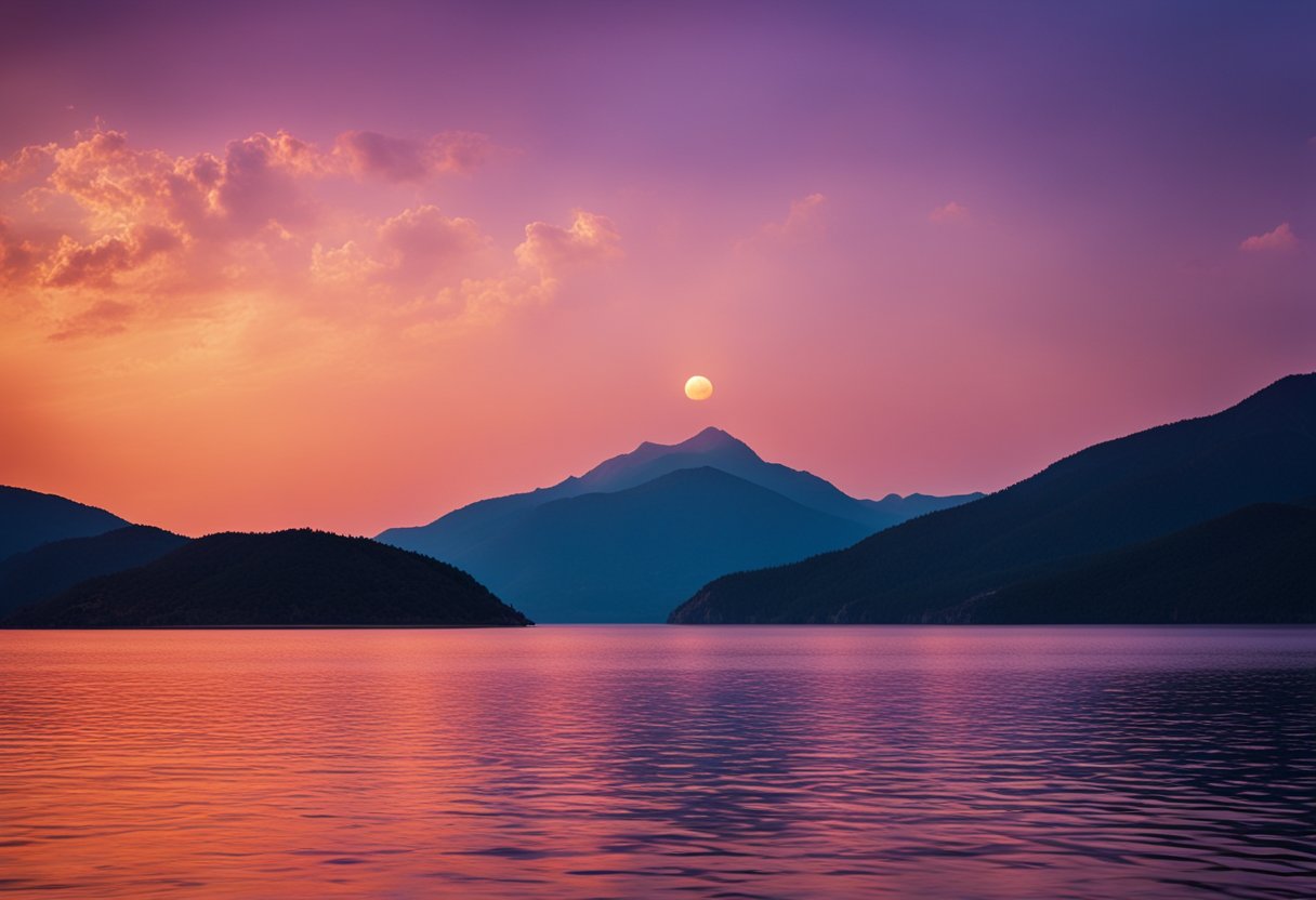 The sun sets behind a mountain range, casting a warm glow across the horizon. The sky is painted in vibrant hues of orange, pink, and purple, reflecting off the calm waters below