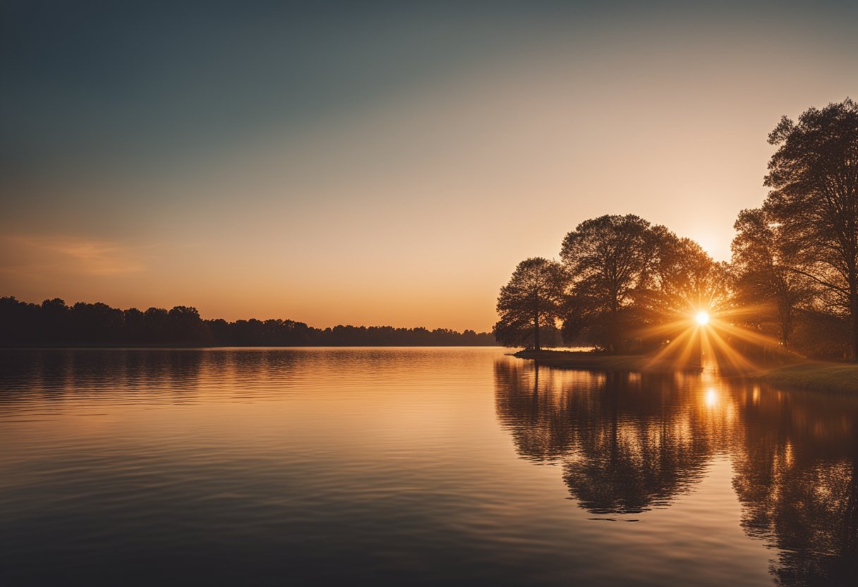 The sun setting over a calm, tree-lined horizon, casting warm hues across the sky and reflecting off a tranquil body of water