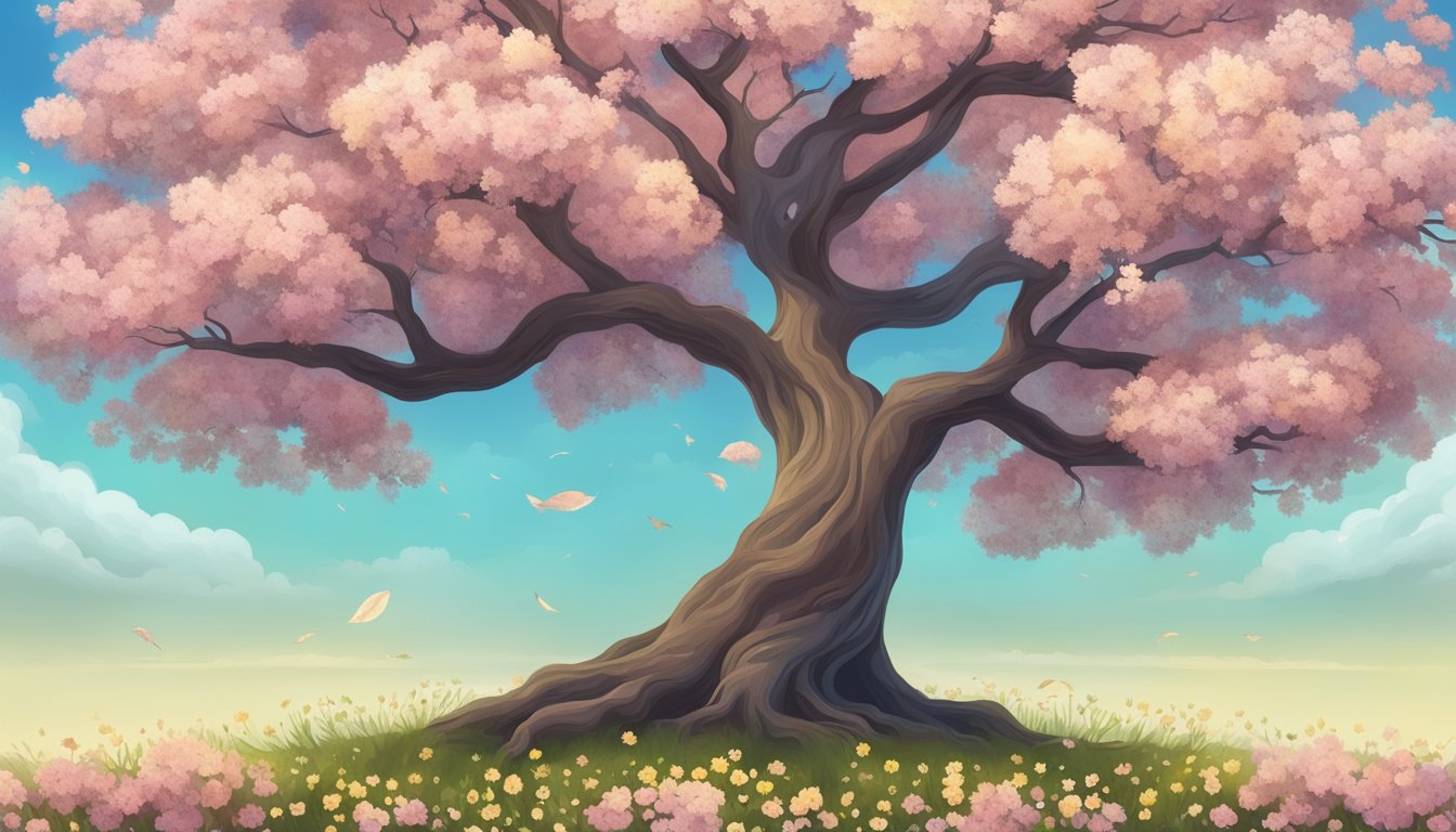 A flourishing tree symbolizing personal growth and success, surrounded by blooming flowers and reaching towards the sky
