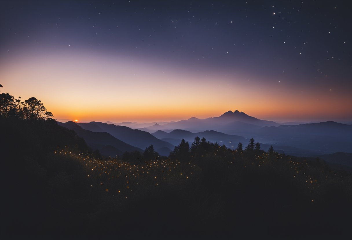 The sun setting behind a silhouette of a mountain, with stars beginning to appear in the darkening sky