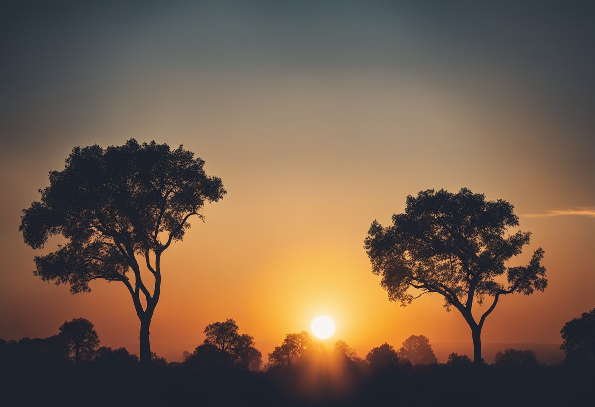 The sun setting behind a silhouette of trees on a horizon