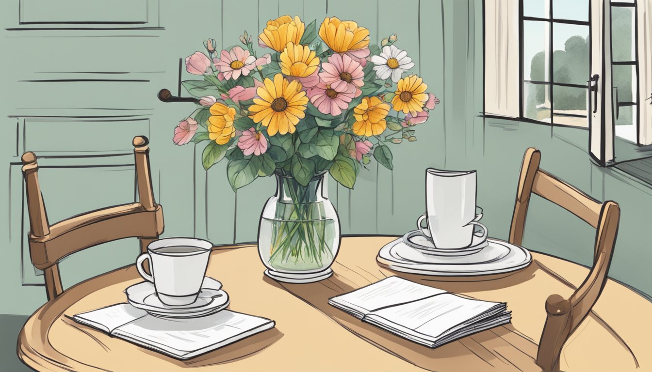 A table with two chairs facing each other, a vase of flowers, and a handwritten note on the table
