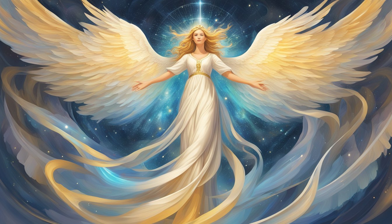 A radiant angelic figure stands amidst swirling numbers, emanating a sense of divine guidance and influence