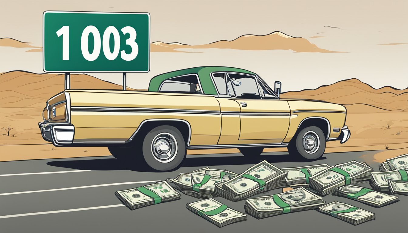 A calendar with the date "1003" circled, a stack of 1003 dollar bills, and a road sign with "1003 miles to go" depicted in the scene