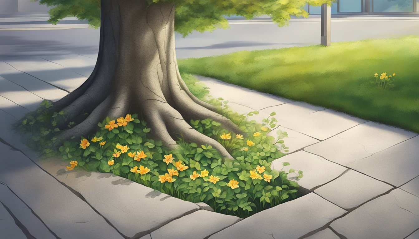 A tree growing from a crack in a concrete sidewalk, surrounded by vibrant flowers and greenery, symbolizing transformation and new beginnings