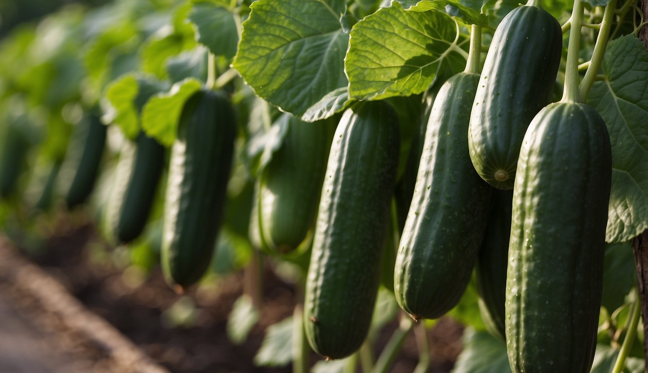Cucumbers thrive in grow bags, their vines sprawling and climbing, with vibrant green leaves and tendrils reaching out in all directions