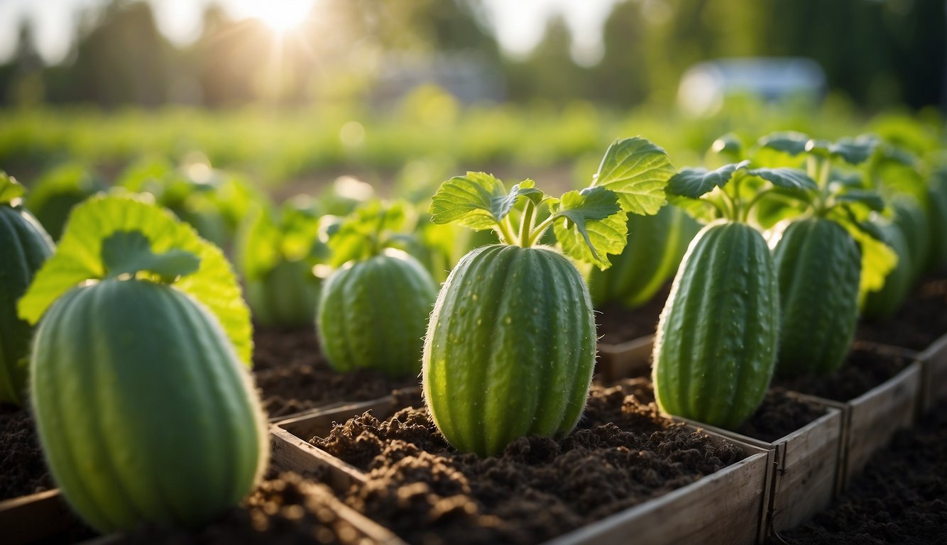 Cucumbers in grow bags receive nutrition and fertilizer. Green vines spread out, bearing young cucumbers. The bags sit in a sunny garden
