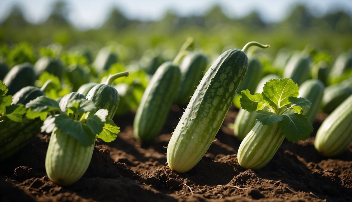 Healthy cucumber plants thrive in grow bags, with vibrant green leaves and numerous cucumbers hanging from the vines