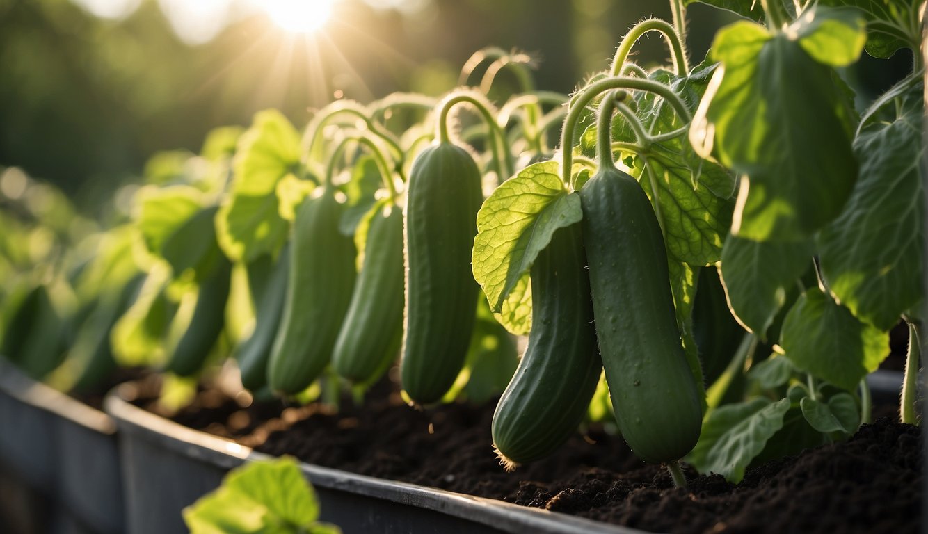 Lush green cucumber plants thriving in grow bags, with tendrils reaching out and small cucumbers beginning to form. Sunlight filters through the leaves, creating a warm and inviting atmosphere