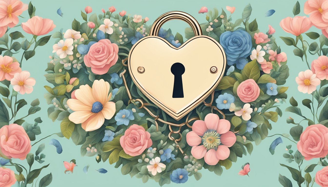 A heart-shaped lock and key, surrounded by blooming flowers and intertwined vines, symbolizing the meaning of love and relationships