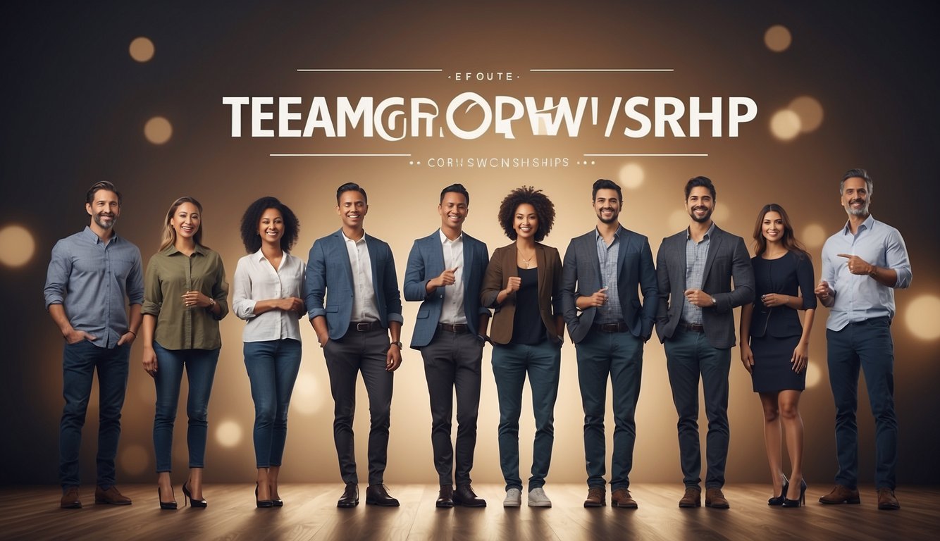 A group of people stand together, pointing towards a banner that reads "Team Group Ownership." They appear enthusiastic and engaged in discussion