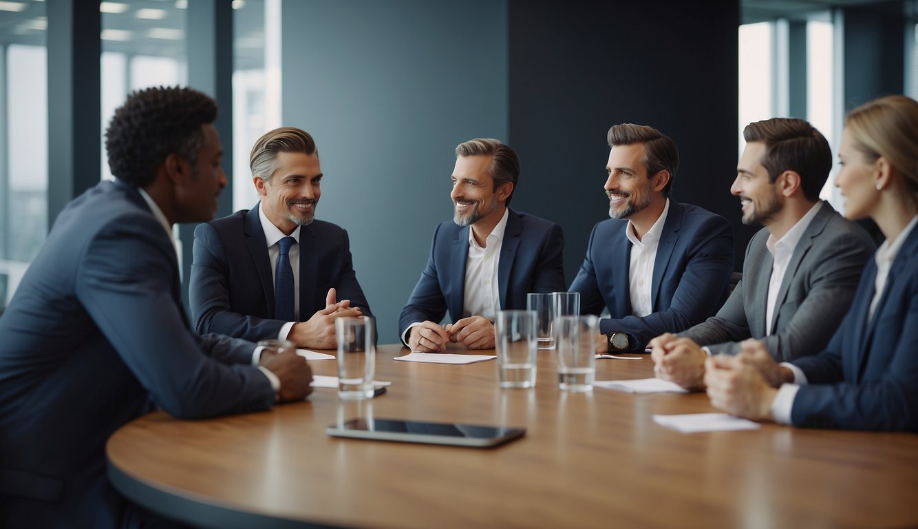 A group of business professionals gather around a conference table, discussing corporate leadership and business strategy