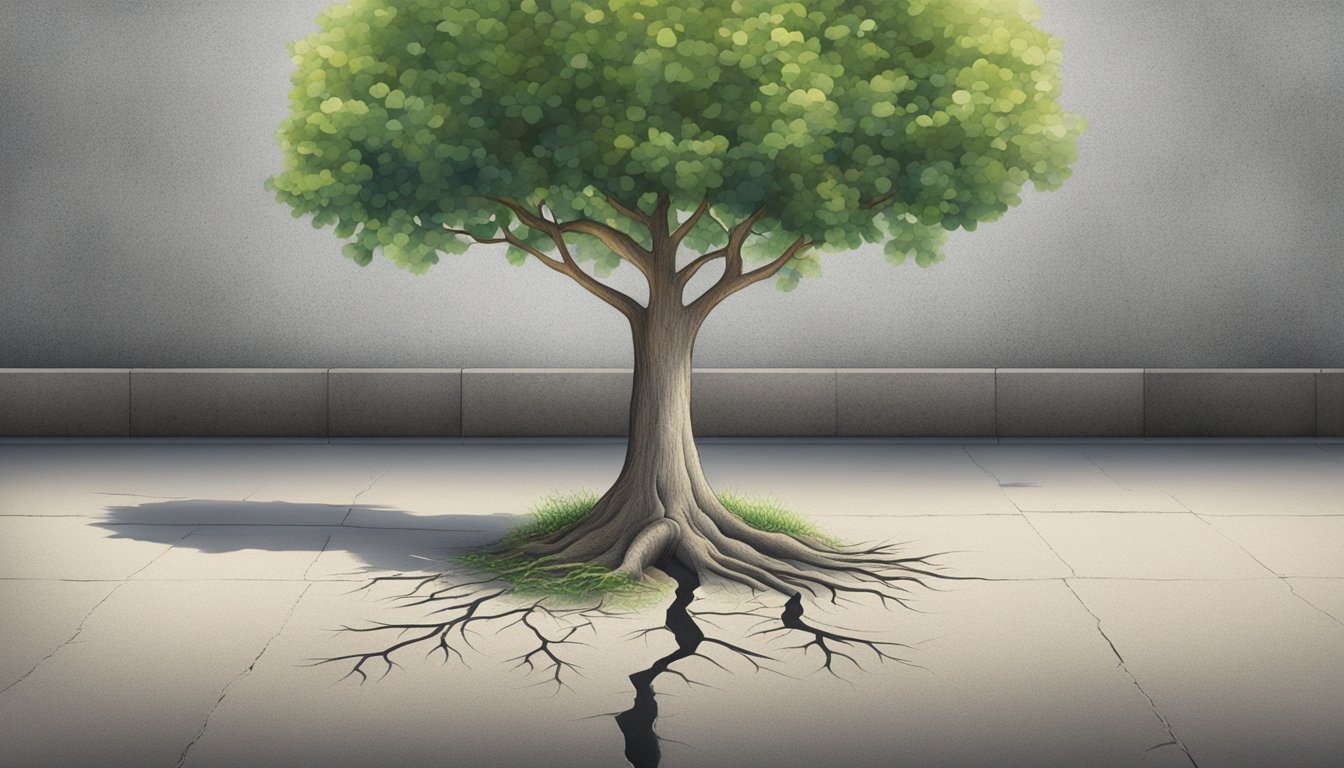 A tree growing from a small crack in a concrete sidewalk, reaching towards the sky, symbolizing personal growth and self-expression