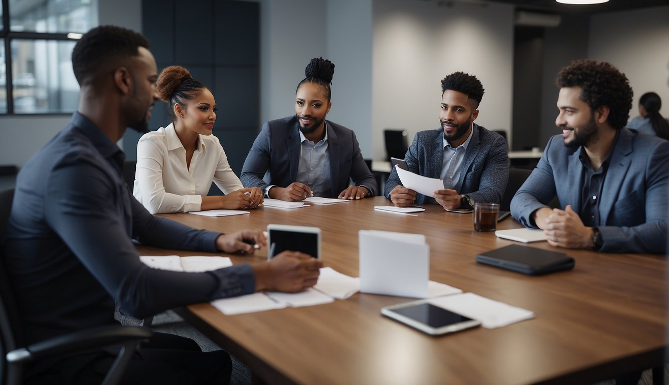 A group of professionals brainstorming around a conference table with laptops and notepads, exchanging ideas and working together on a project