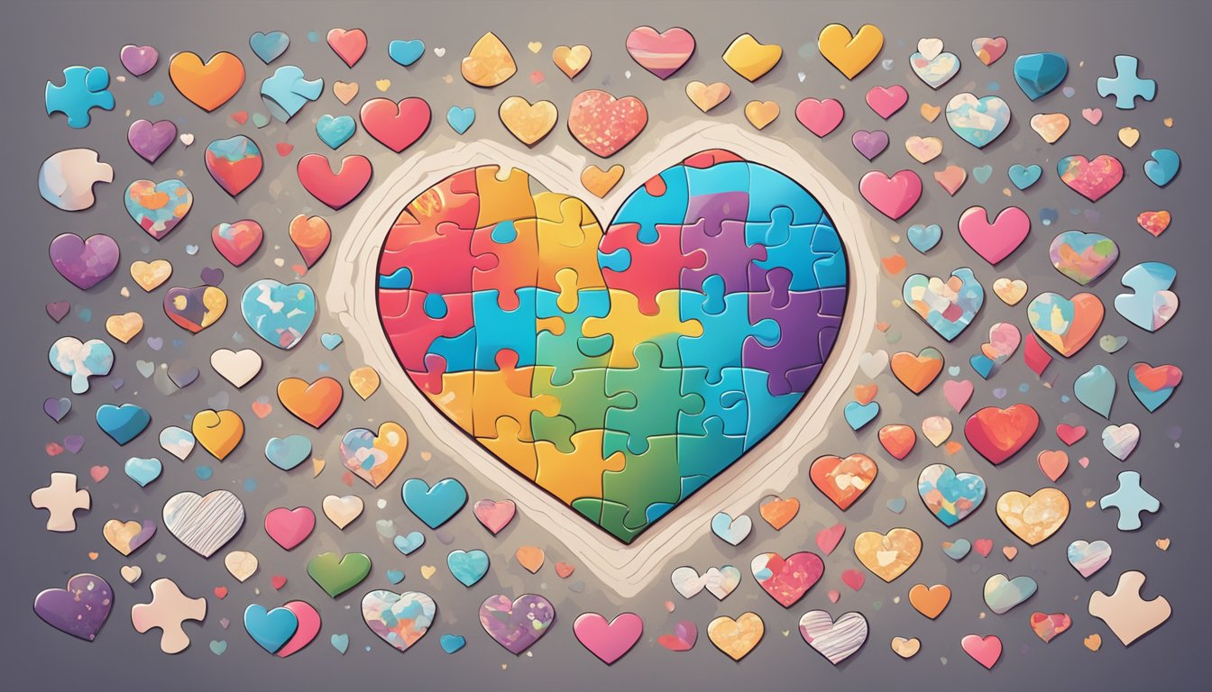 A heart-shaped puzzle with two pieces fitting together, surrounded by symbols of love and connection
