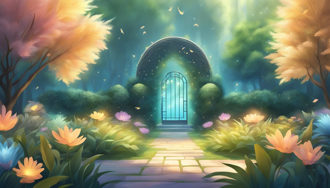 A serene garden with a path leading to a glowing number 1109 surrounded by ethereal, floating feathers and radiant light