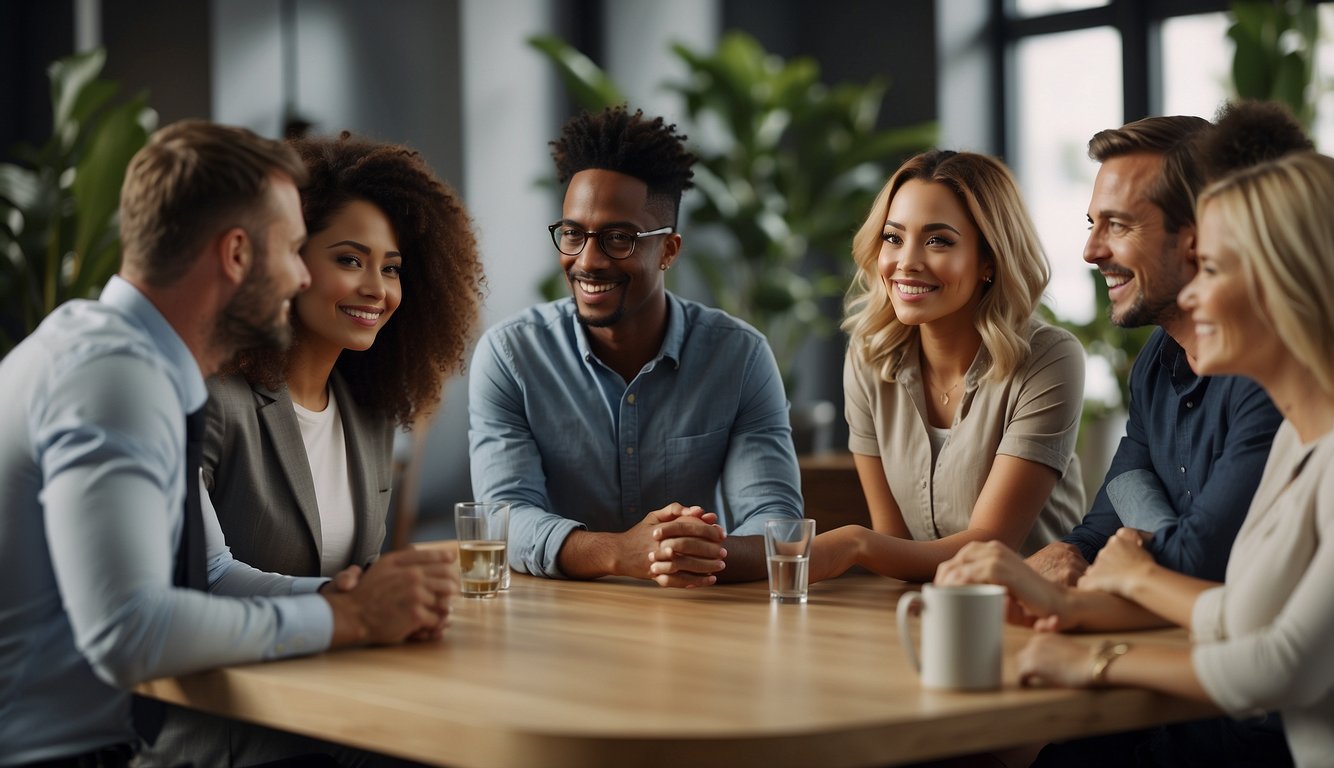 A group of diverse individuals are gathered around a table, engaged in open communication and collaboration. Smiles and nods indicate a positive and supportive team environment