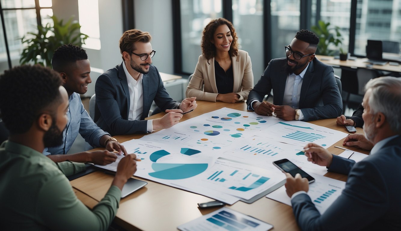 A diverse group of professionals collaborate, brainstorm, and strategize in a modern office setting, surrounded by charts, graphs, and technology