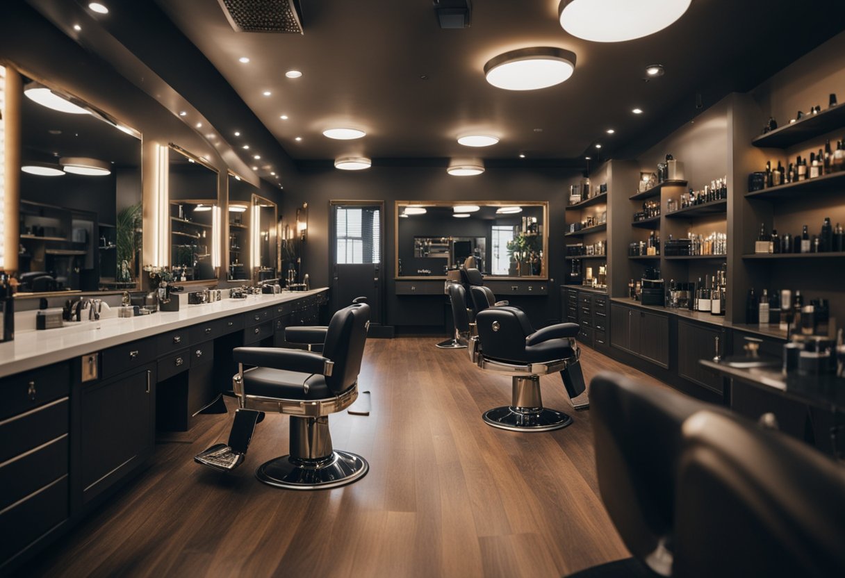 A male model sits in a modern barbershop chair, while a stylist uses scissors and a comb to create a stylish haircut. Mirrors and hair products line the shelves in the background